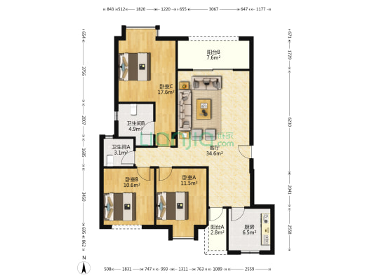 时代爵岭 3室1厅2卫 113平方