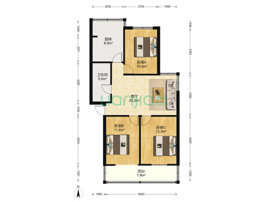 银都花园 3室1厅1卫 89平方