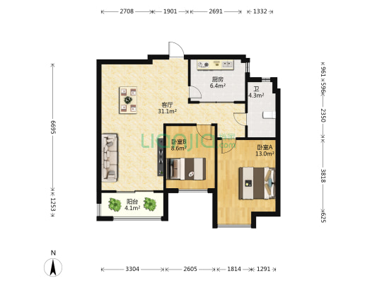 海南绿地城璟园 2室1厅1卫 88平方
