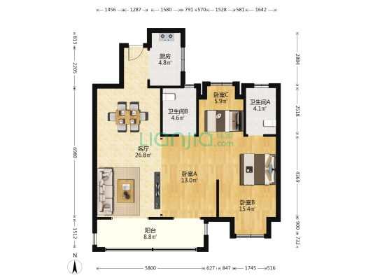 吾悦华府B区（吾悦华府·观澜） 3室1厅2卫 105平方