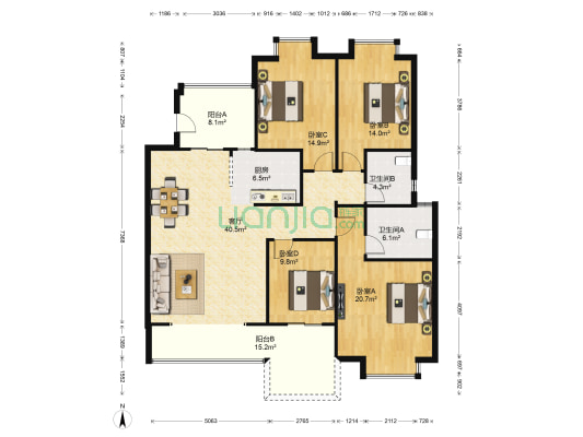 七彩花都A区 4室1厅2卫 144平方