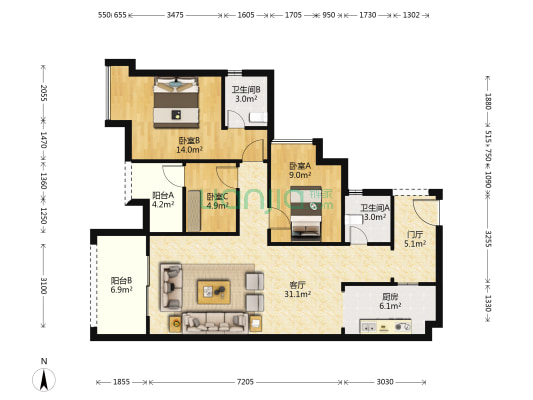 华府幸福城 3室1厅2卫 101平方