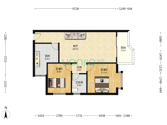 绿岸阳光 2室1厅1卫 84平方
