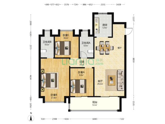 中海都汇滨江一期 3室1厅2卫 124平方
