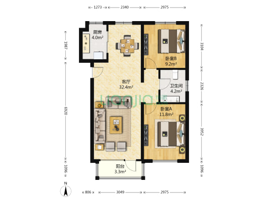 悦泰祥里 2室1厅1卫 87平方