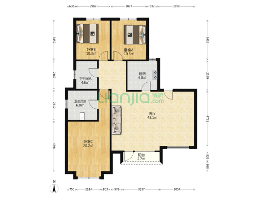 一梯两户洋房，楼层好，无遮挡，户型方正-户型图