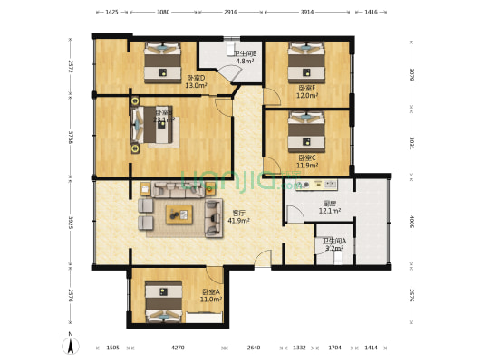 青华北一街4号 5室1厅2卫 146平方
