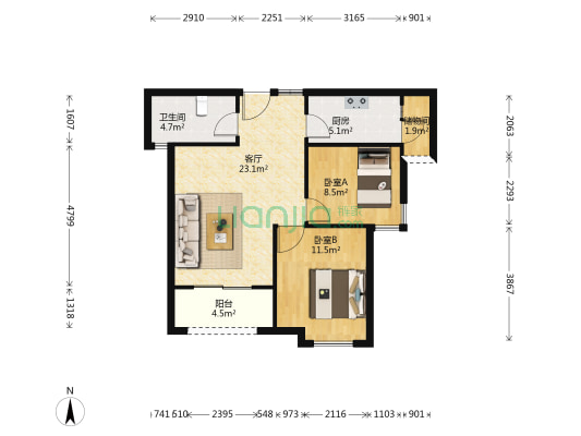 康大鑫都汇府 2室1厅1卫 88平方