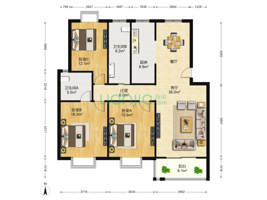 汇龙铭都 3室1厅2卫 132平方