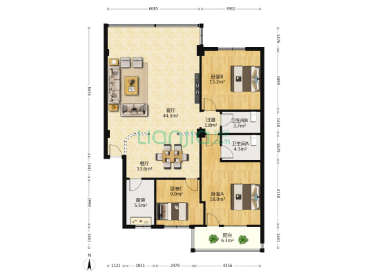 华泰广场 3室2厅2卫 137平方