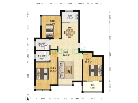 东欣家园 3室1厅2卫 106平方