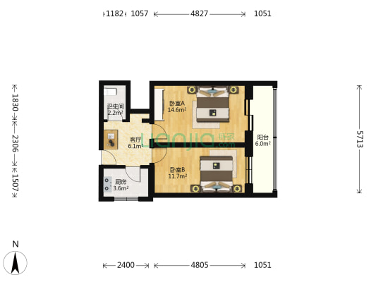 什锦花园胡同22号院 2室1厅1卫 55平方