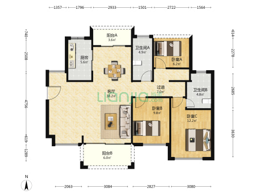 壹城中心11区 3室1厅2卫 113平方