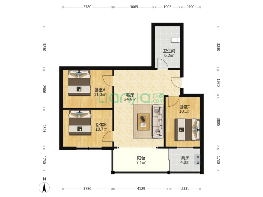 鑫都嘉园 3室1厅1卫 90平方