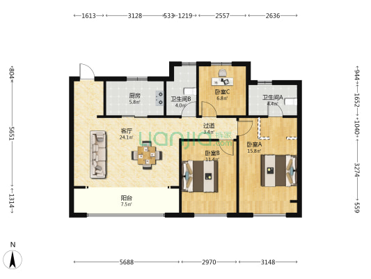 观澜逸品花苑北区 3室1厅2卫 104平方
