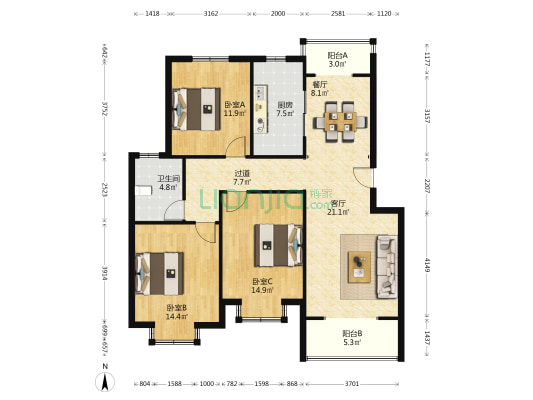通刘花园 3室2厅1卫 125平方