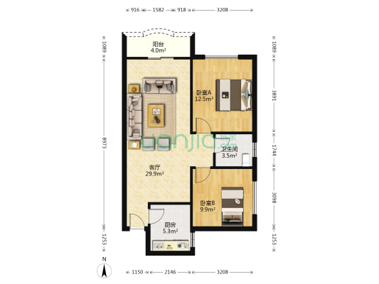 滨江花园 2室1厅1卫 83平方