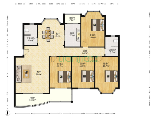 泰山学院天平湖宿舍区 4室2厅2卫 180平方