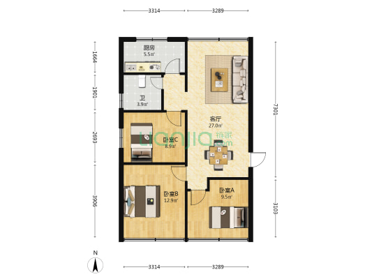 港霞东路 3室1厅1卫 85平方