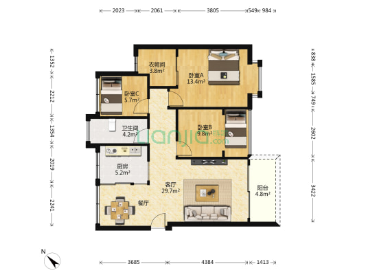 金景豪园 3室1厅1卫 89平方
