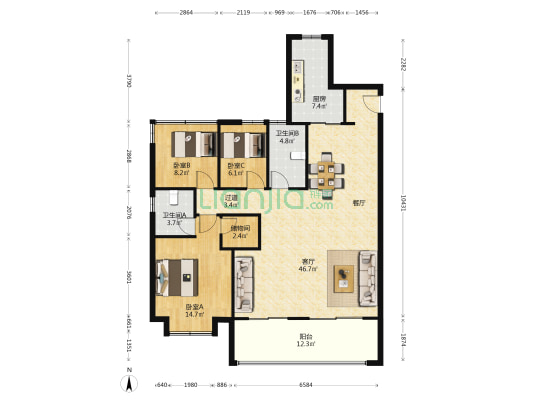 置地龙湖星澜湾B区 3室1厅2卫 139平方