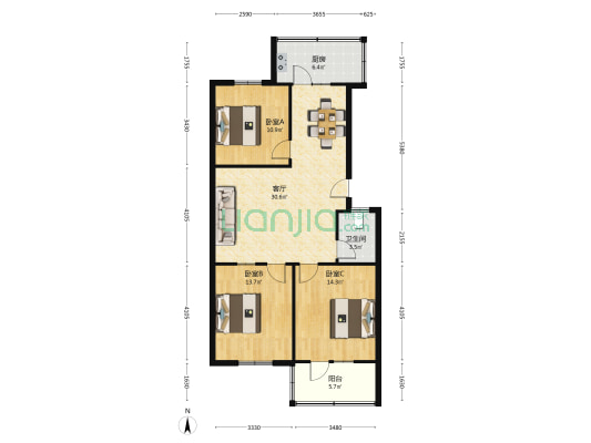 地质大学北院宿舍  3室1厅1卫 98平方