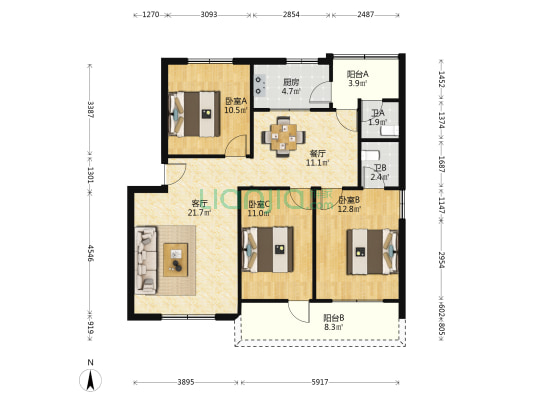 工行宿舍 3室2厅2卫 108平方