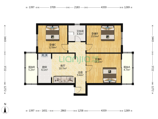 惠东北里 3室1厅1卫 105平方