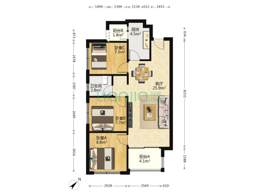 万科理想城一期 3室1厅1卫 75平方