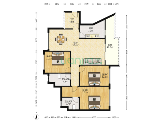 中海天钻 3室1厅2卫 121平方