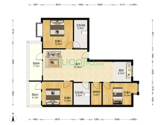 和顺中央花城 3室1厅2卫 128平方