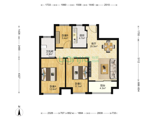 绿地西城国际花都 3室1厅1卫 89平方