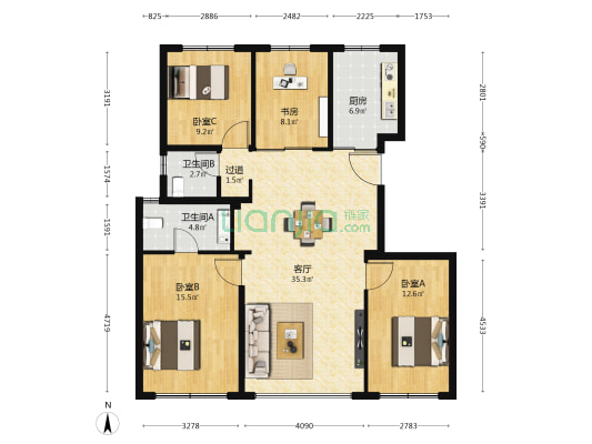 中海长安誉 4室1厅2卫 131平方