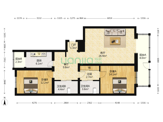 上龙嘉园 2室2厅2卫 129平方