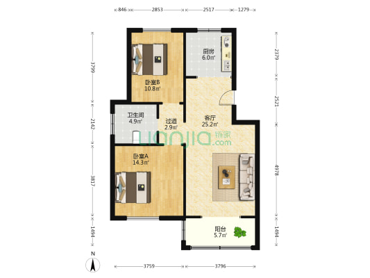 木瓜小区 2室1厅1卫 87平方