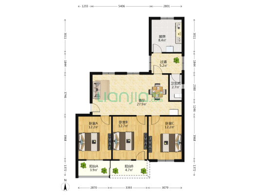 长征路豫章监狱所宿舍 3室1厅1卫 106平方