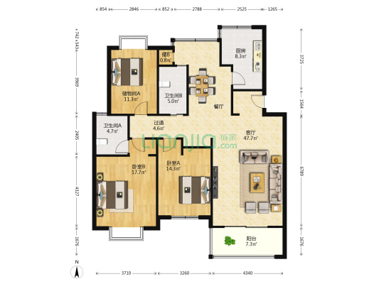 亚华新城邦锦园 2室1厅2卫 139平方