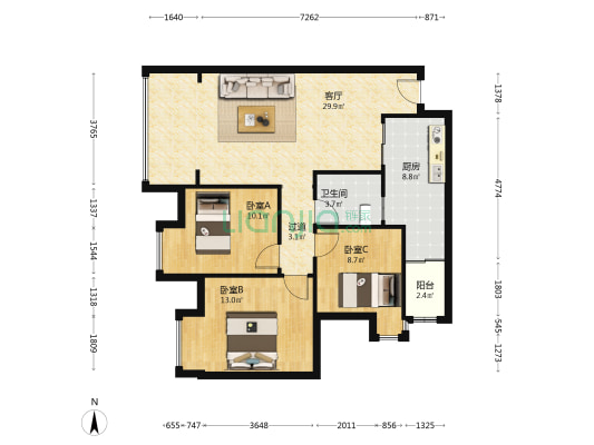 天佑瑞景 3室1厅1卫 108平方