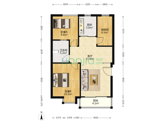 翰香花园 2室1厅1卫 90平方