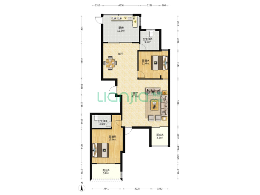 凯福新景苑 2室1厅2卫 135平方