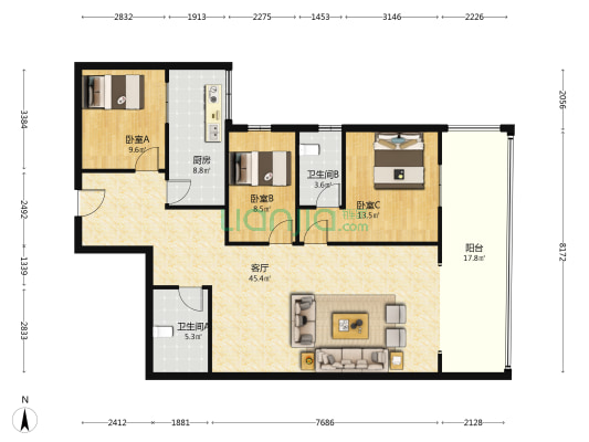 观水馨苑 3室1厅2卫 120平方