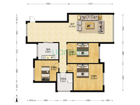 阳光福邸 3室1厅1卫 117平方