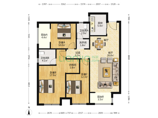 阳光城丽景公馆北苑 3室1厅3卫 129平方