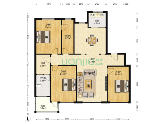 星海蓝山 3室1厅1卫 163平方