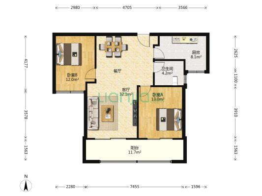 世茂璀璨滨江 2室1厅1卫 114平方
