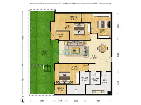 现代生态水城上岛二期 3室1厅2卫 96平方