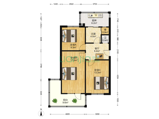 北站联合宿舍 3室1厅1卫 75平方