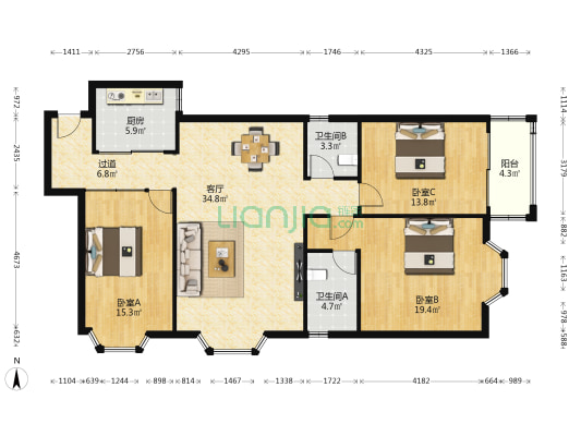 鸿业大厦 3室1厅2卫 139平方