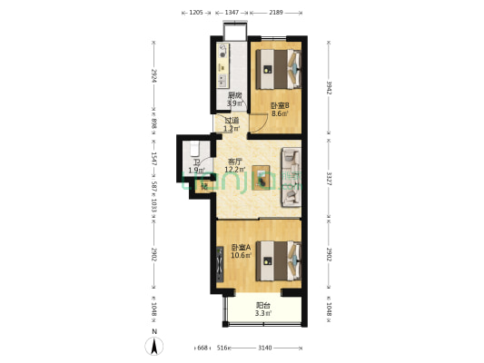 青春路35号院 2室1厅1卫 57平方