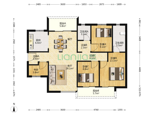 枫华金明府二期 4室1厅2卫 126平方
